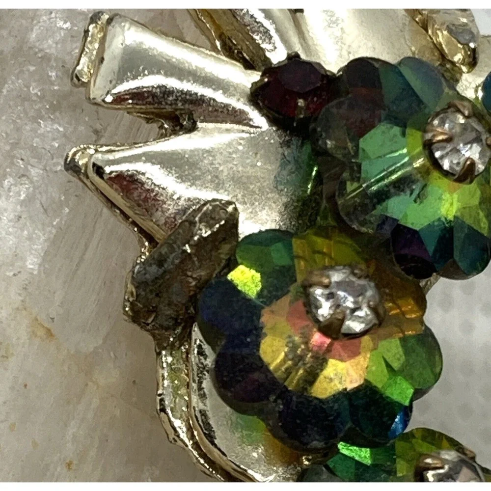 Vintage Gold Tone Watermelon AB Crystal Flower Wreath Bow Pin Brooch‎ Holiday
